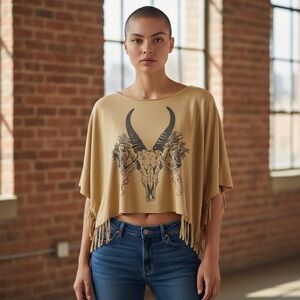 Western Graphic Fringe Crop Top - Tan